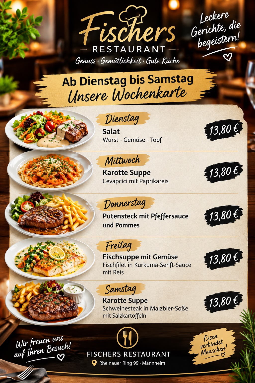 Wochenkarte Fischers Restaurant, Dienstag bis Samstag je 13,80 €: Wurst-Gemüse-Topf, Cevapcici mit Paprikareis, Putensteak mit Pfeffersauce und Pommes, Fischfilet in Kurkuma-Senf-Sauce mit Reis, Schweinesteak in Malzbier-Soße mit Salzkartoffeln